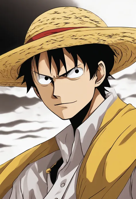 Monkey D. Luffy, close up shot, an illustration of one piece one piece character, straw hat, handsome, in the style of minimalist avatar, black and yellow, tondo, brooding mood --ar 16:9