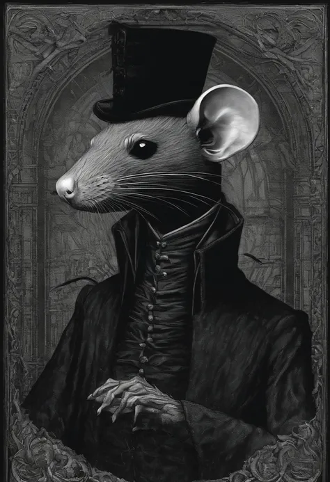 ah high, gaunt, broad-shouldered anthropomorphic rat. Black muzzle. Human eyes shine ominously. Black, hairlong, slicked back and braided into a pigtail. Wears dark, long coat.