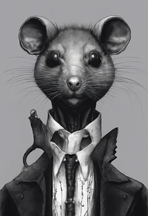 ah high, gaunt, broad-shouldered anthropomorphic rat. Black muzzle. Human eyes shine ominously. Black, hairlong, slicked back and braided into a pigtail. Wears dark, long coat.