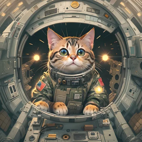 A cute round-eyed cat, Wear camouflage clothing, On a spaceship,  sunraise.