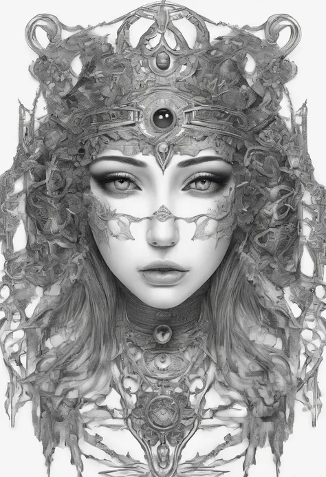 （best qualtiy，ultra - detailed，Most Best Illustration，Best shadow，tmasterpiece，A high resolution，professionalartwork，famousartwork），Detailed eyes，beautidful eyes，closeup cleavage，sci-fy，colored sclera，Robot eyes，face markings，Tattooed with，（fractalized，Fra...