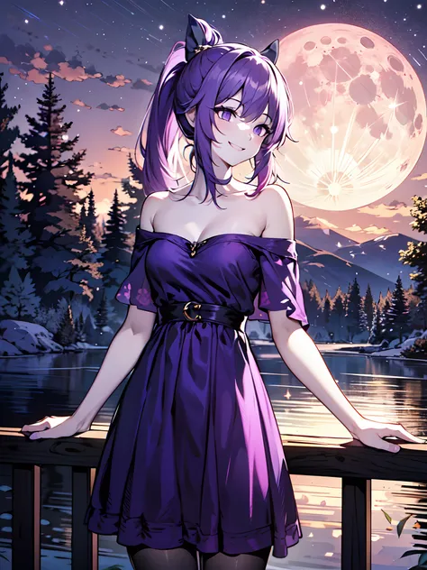 (masterpiece:1.2),  (pale skin:1.1),  (solo:1.2),  (female:1.1),  (emphasis lines:1.3), purple hair, purple dress, purple eyes, (moon:1.1), trees, smile, outdoors, (sky:1.1), (night:1.2), dark, bare shoulders, collarbone, (casual:1.1), off shoulder, (ponyt...