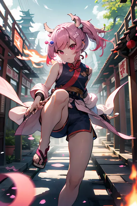 Kungfu、A pink-haired、side poneyTail、chinese clothes、Sleeveless、shortpants、Blunt bangs、Short ponytail、Side Up、Photorealsitic, hight resolution, 1 rapariga, Korea person, Eye of Fire