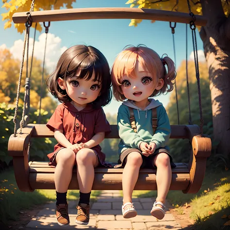 ​masterpiece、top-quality、(Chibi Chara:1.3)、Children - sit on the swing、(swing:1.1)Open your mouth and smile、Dynamism、autumn forest、Deliver to the sky、