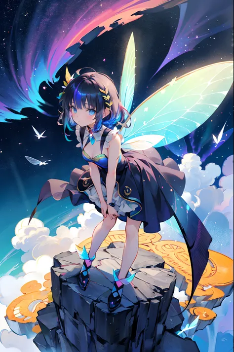 (Best quality), (masterpiece:1.3), Fantastic Magic World, Psychedelic clouds, Iridescent clouds, aurora, A girl, high-waisted dress, costume-centered, deep blue eyes, (Wearing fairy wings of Iridescent effect:1.5), Full body, aerial turn, leaning forward