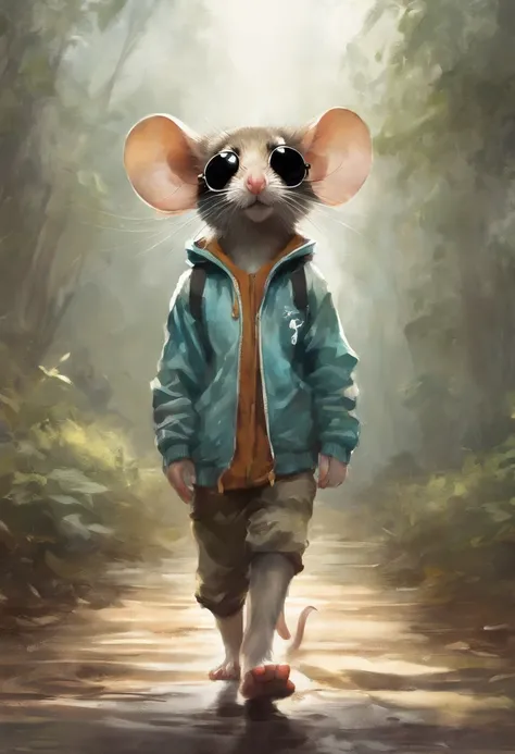 Perfect centering, Cute mouse, Wear a student team jacket, Wearing sunglasses, Wearing headphones, cheerfulness, Standing position, Abstract beauty, Centered, Looking at the camera, Facing the camera, nearing perfection, Dynamic, Highly detailed, smooth, S...