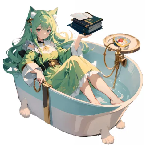 Anime girl in bathtub with book and lamp, from arknights, pixiv 3dcg, Trending in ArtStation pixiv, from the azur lane videogame, Genshin, pixiv, Top Rated on pixiv, Lori, guweiz on pixiv artstation, bathtub, splash art anime loli, hestia, In pixiv