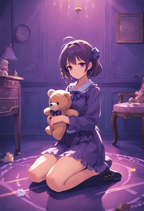 A sad adolescent girl with a lolita outfit, on her knees, holding a teddybear, in the middle of a dark purple room, shadow monsters around her, shadow hands, trauma