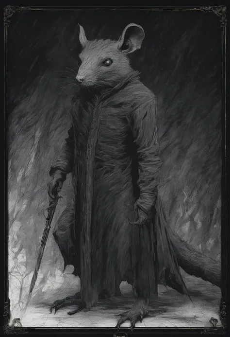 ah high, gaunt, broad-shouldered anthropomorphic rat (Furry). Black head and muzzle. Human eyes, steely gray and shine ominously. Black, hairlong, slicked back and braided into a pigtail. Wears dark, Stylistic, long coat. A sense of gloom and sinister pres...