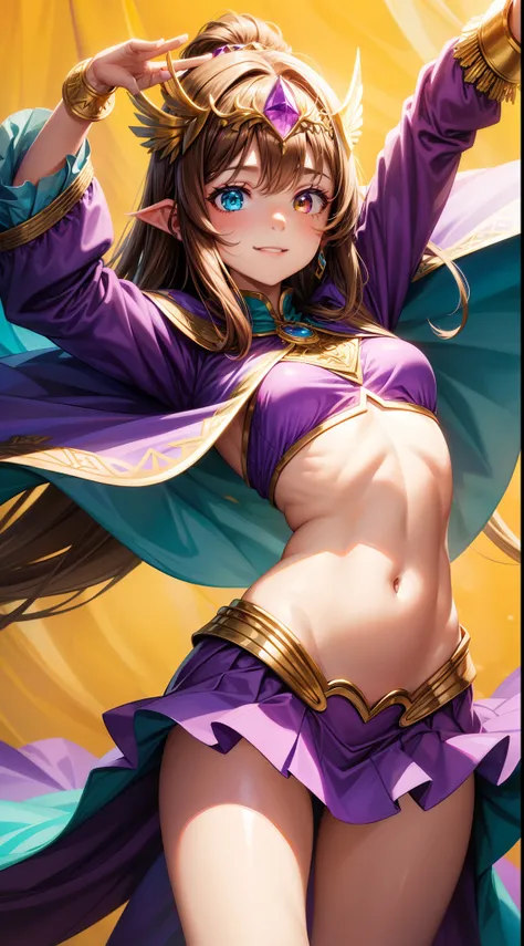 young girl, Long brown hair, Heterochromia, purple and yellow eyes, Smile, purple tight top, Turquoise skirt, open belly, Cape King, diadem, Gold Elements, She-ra, Masterpiece, hiquality, 4k, HD, Good detail