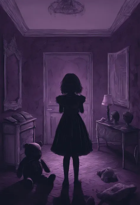 A sad adolescent girl with a lolita outfit, on her knees, holding a teddybear, in the middle of a dark purple room, shadow monsters around her, shadow hands, trauma