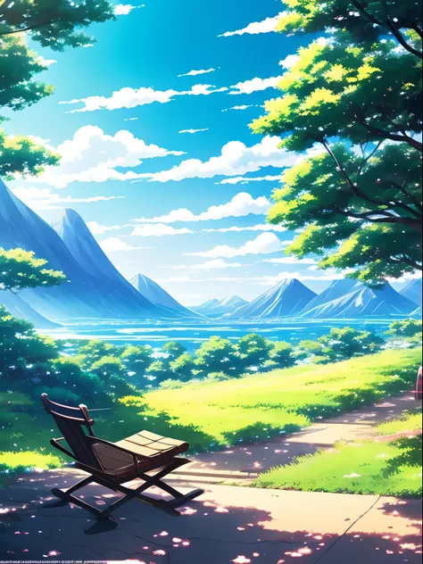 There is a painting of a typewriter on a table overlooking the mountain, detailed scenery—width 672, arte de fundo do anime, paper awesome wallpaper, Anime Art Wallpaper 8K, visual da chave de fundo do anime, 4 k manga wallpaper, Anime Art Wallpaper 4K, An...