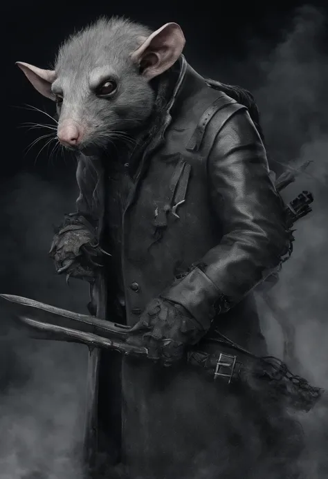 ah high, gaunt, broad-shouldered anthropomorphic rat (Furry). Black head and muzzle. Human eyes, steely gray and shine ominously. Black, hairlong, slicked back and braided into a pigtail. Wears dark, Stylistic, long coat.