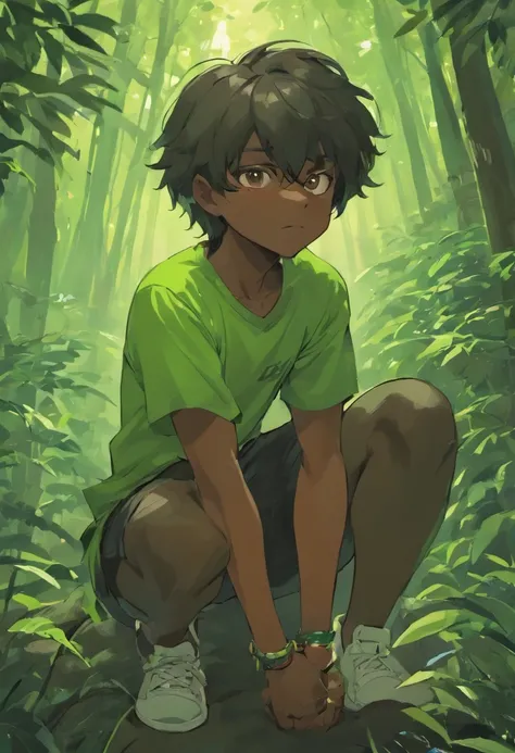 a five-year-old, black man with the shirt of Brazil in the middle of the forest sitting with his legs entwined and with his hand on a jaguar