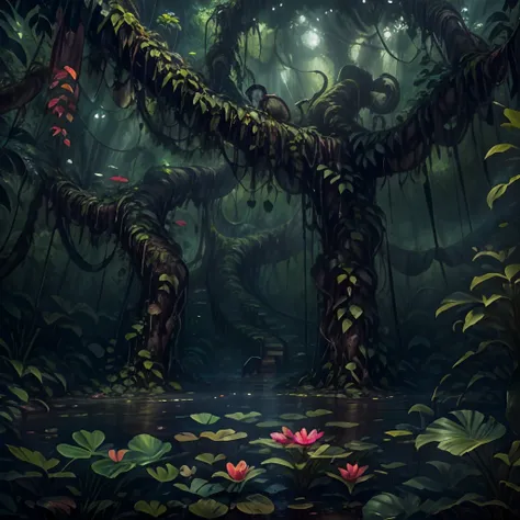 Lianas hang in the swamp, swamp lianas, Lianas hang from tree branches. Flowers, thickets, lakes, swamps, fog, jungle, small bushes, small flowers, dynamic lighting, water lake, big beautiful  flower, bushes, jungle bush, root, big root, jungle plants, pla...