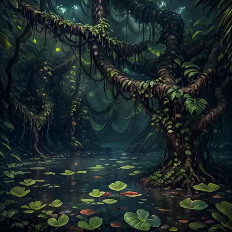 Lianas hang in the swamp, swamp lianas, Lianas hang from tree branches. Flowers, thickets, lakes, swamps, fog, jungle, small bushes, small flowers, dynamic lighting, water lake, big beautiful  flower, bushes, jungle bush, root, big root, jungle plants, pla...