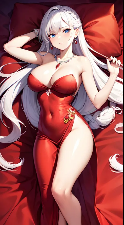 Masterpiece, best quality, 1 girl, beautiful, mature female, Milf, very long hair, white hair, braided, rose hairpin, blue eyes, calm, earrings, necklace, sexy red dress, dakimakura (medium),  pelvic, bed sheet, red petals, ray tracing