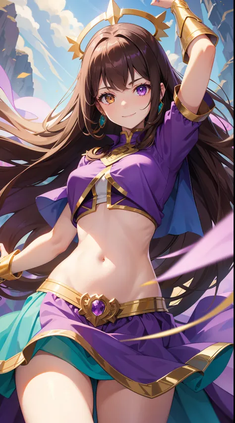 young girl, Long brown hair, Heterochromia, purple and yellow eyes, Smile, purple tight top, Turquoise skirt, open belly, Cape King, diadem, Gold Elements, She-ra, Masterpiece, hiquality, 4k, HD, Good detail