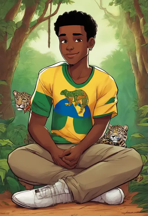 a five-year-old, black man with the shirt of Brazil in the middle of the forest sitting with his legs entwined and with his hand on a jaguar