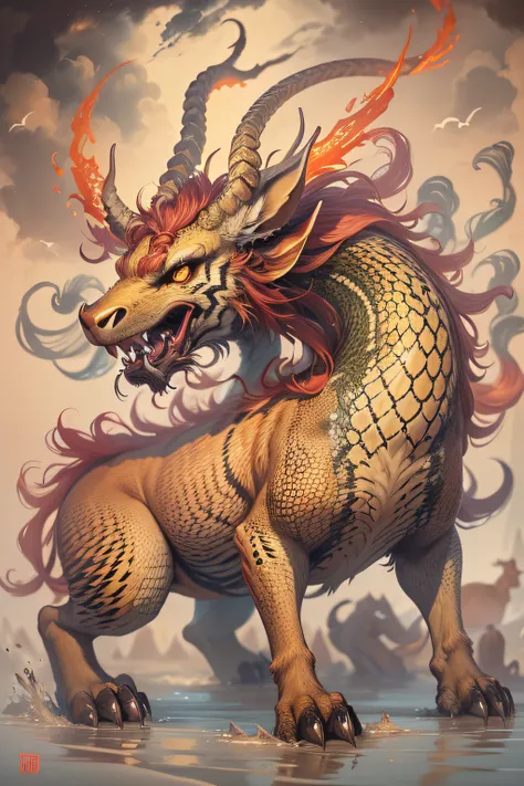 A painting of a mythical beast of ancient Chinese legend, a mythical creature, mythological creatures, detailed creature, an ancient creature,、The horns are like deer、The head is like a camel;、Ears like cats、Eyes like shrimp、The mouth is like a donkey、Hair...