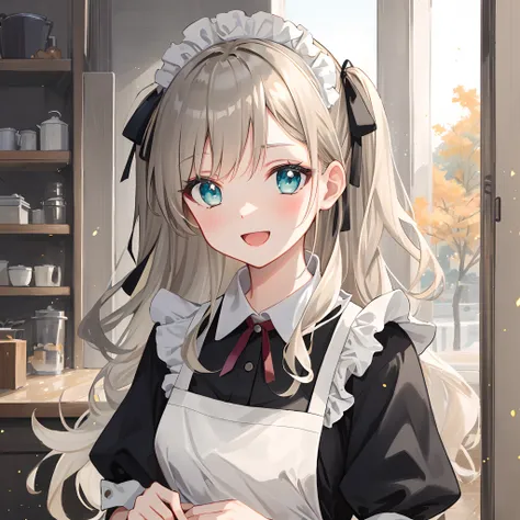 (masterpiece), (best quality), official art, (beautiful girl), (solo), cafeteria, upper_body, platinum blond hair, two side up, wavy hair, hair ribbon, beautiful aqua eyes, apron, maid, (striped fabric), :d, autumn, maple trees, (light particles), (✨)