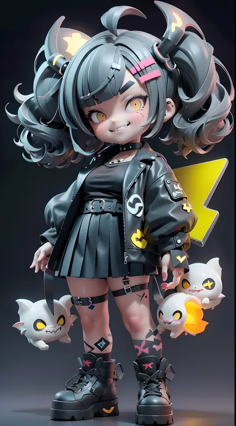 Cute little girl wrapped in clear plastic, Chibi, blue hair, ((Medium short hair)), ((messy Hair)), (Short hair), (((Unkempt hair))), ((big sized short twin tails)), ((diagonal bangs)), Yellow eyes, slant eyes, ((X-shaped pupils)), ((thick eyebrows)), fang...