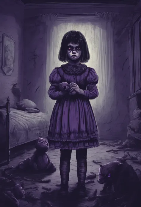 A scared adolescent girl with a lolita outfit, on her knees, holding a teddybear, in the middle of a dark purple room, demons grabbing her, shadow monsters, childhood trauma, nightmare