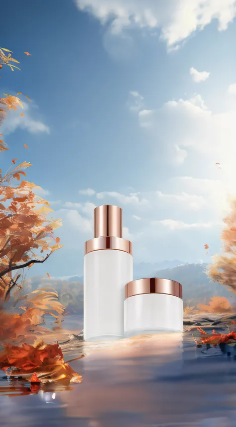 There are two white containers，Golden cover sits in the water, festivity, Autumn, in a scenic background, vintage glow, hyperrealistic fall, high quality topical render, soft autumn sunlight, fall season, autumnal, diffused natural skin glow, Skincare, spe...