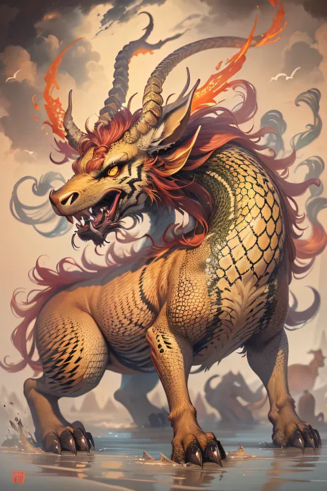 A painting of a mythical beast of ancient Chinese legend, a mythical creature, mythological creatures, detailed creature, an ancient creature,、The horns are like deer、The head is like a camel;、Ears like cats、Eyes like shrimp、The mouth is like a donkey、Hair...