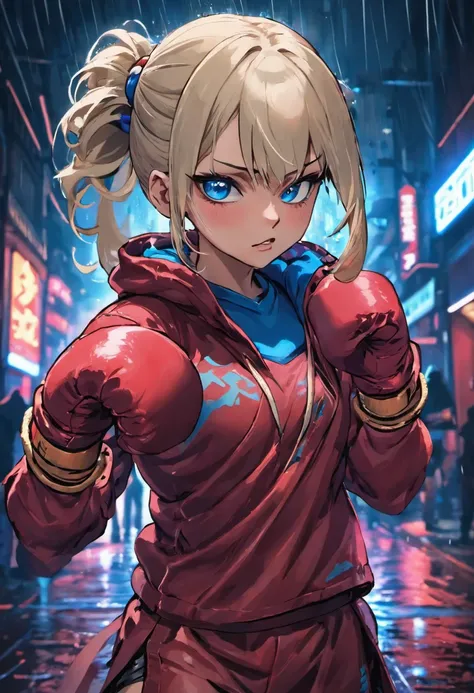 Muay Thai, Close up photography, Confident young cyberpunk woman，blonde with blue eyes，Gray hair bun, Wears a hood with a red and blue design, At night on the rain-soaked streets, Fotorrealista, Cinematic lighting, Muay Thai subtitles