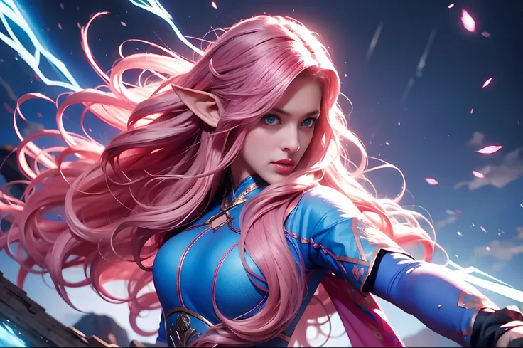 a woman, long curly hair, pink hair, blue eyes, elf, combat stance, fight, magic, Combat, Light blue eyes, blue eyes