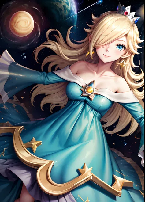 masterpiece, best quality, rosalina, 1girl, solo, blue dress, crown, blonde hair, stunning blue eyes, light freckles, perfect fa...