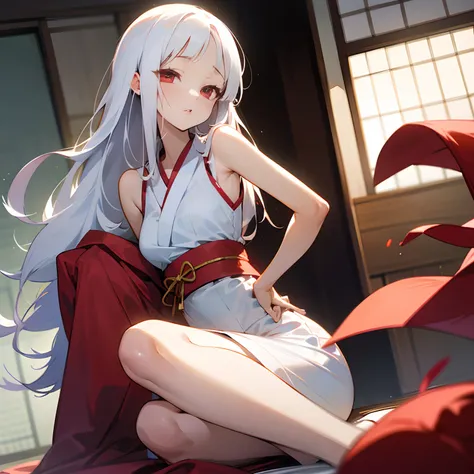 Kaguya, princess, long white hair, ruby red eyes, japanese, anime, cute girl, sexy, sleeveless one piece casual dress