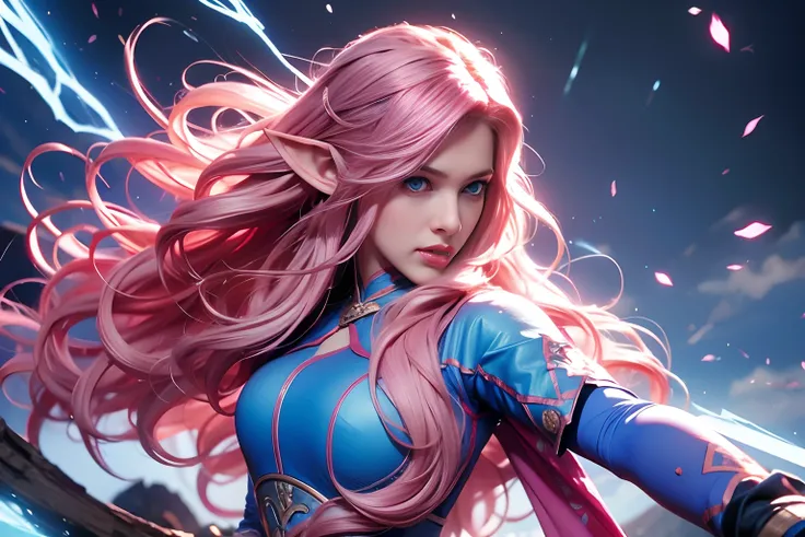 a woman, long curly hair, pink hair, blue eyes, elf, combat stance, fight, magic, Combat, Light blue eyes, blue eyes, round face, cute