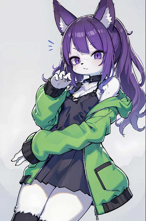 ((​masterpiece、top-quality))、furred、animal ear、tailed、body fur、独奏:1.3、simple background:1.3、Purple hair、Twin-tailed、White blouses、Green jacket