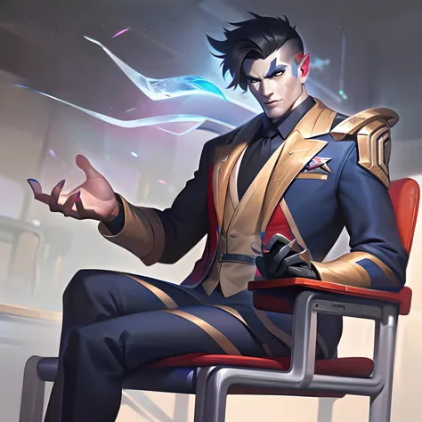 lolsplashart, man with white skin, black asian hair, black eyes, has two swords in his hands, ((black and blue suit)), battle academy skin, 1man, solo, lolskin battle academy, sitting on a chair in a school, ((asian))