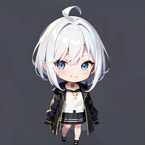 超A high resolution, Best aesthetic, Top quality depiction of the foot, Put on a jacket,  Flat Avatar,  Anime visuals of cute girls, Cute art style, Chibi,  White hair、Shorthair, Ahoge, is shy, A smile, hair adornments,drawing on paper,  simple background, ...