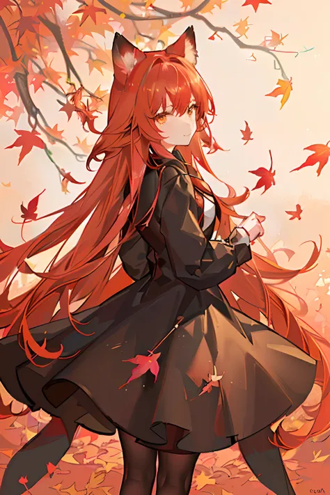 Red long-haired，Red fox ears，Golden eyes，maple leaves，Maple Grove，autumnal