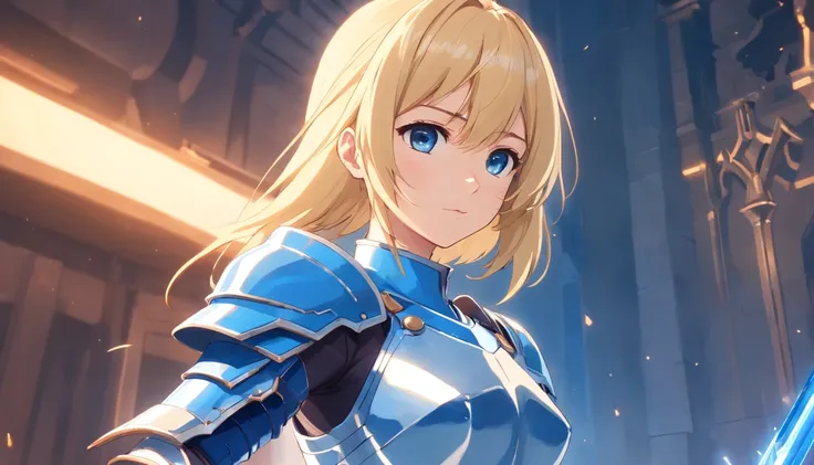 one blonde girl, she is a knight, wearing a blue and white colored armor, full armor view, ultra sharp, masterpiece, 8k, looking at viewer