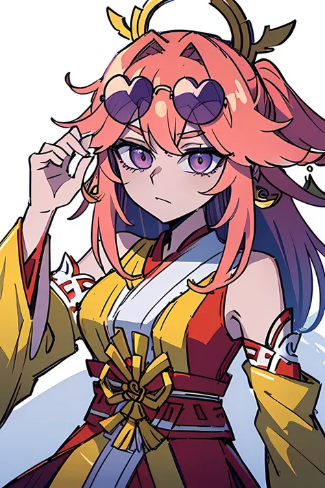 (masterpiece, high quality:1.5) ((yae miko wearing trendy yellow sunglasses)), pink hair, purple eyes