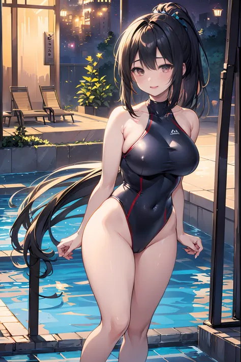 top-quality、Full limbs、complete fingers、1 female、Beautiful 25 year old sister、((Blue and red competitive swimsuit))、Raw feet、A big smile、Medium hair、(poneyTail:1.3)、(shiny black fine hair:1.2), ((Perfect female body))、perfectly proportions、(masutepiece, Be...