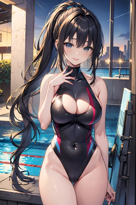 top-quality、Full limbs、complete fingers、1 female、Beautiful 25 year old sister、((Blue and red competitive swimsuit))、Raw feet、A big smile、(poneyTail:1.3)、(shiny black fine hair:1.2), ((Perfect female body))、perfectly proportions、(masutepiece, Best Quality: ...