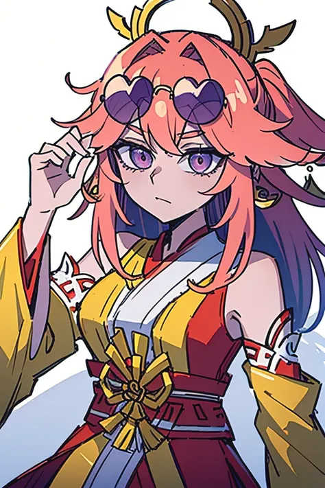 (masterpiece, high quality:1.5) ((yae miko wearing trendy yellow sunglasses)), pink hair, purple eyes