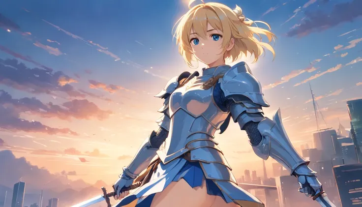 one blonde girl, she is a knight holding a sword, wearing a blue and white colored armor, armored legs, armored arms, ultra sharp, masterpiece, 8k, looking at viewer