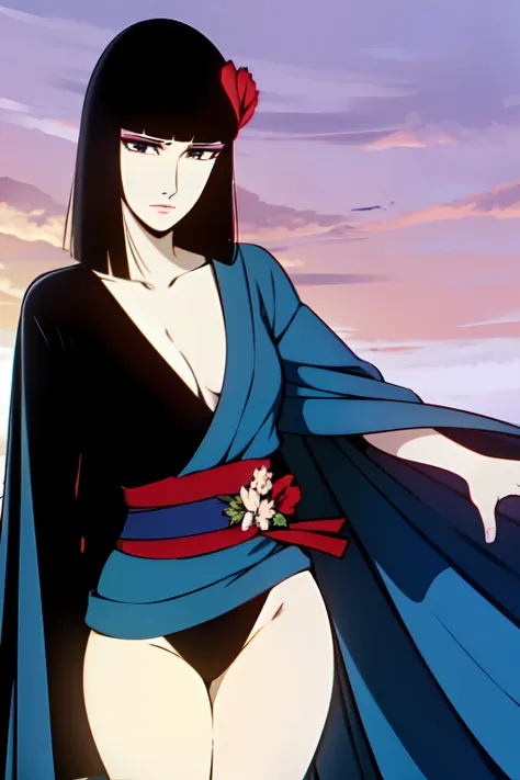 1girl, Oyuki (the Dagger of kamui), blue-Kimono with flower pattern, black leotard, flower headdress, jet-black hair, black eyes, blue eyeshadow, red lips, ((upper body, face focus)),