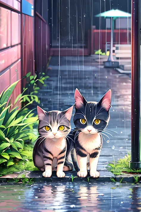 a stray cat，super food under poles，raining day，water bloom，standing water