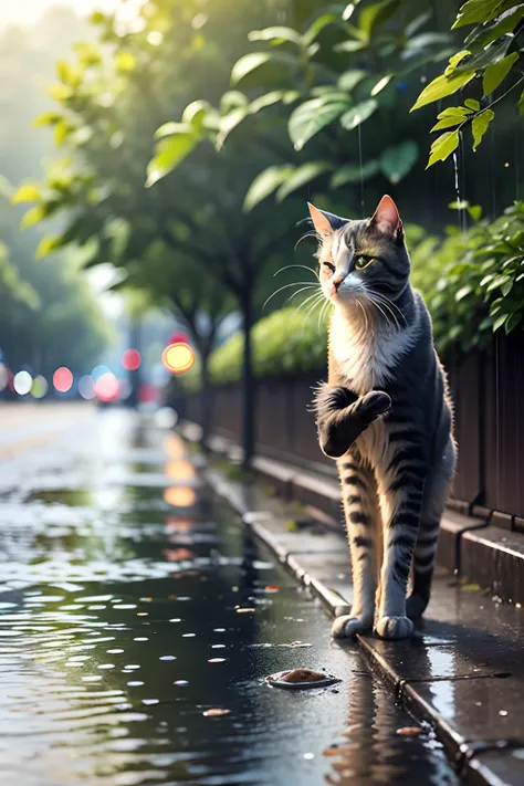 A stray cat，Superfood under the pole，raining day，water bloom，standing water