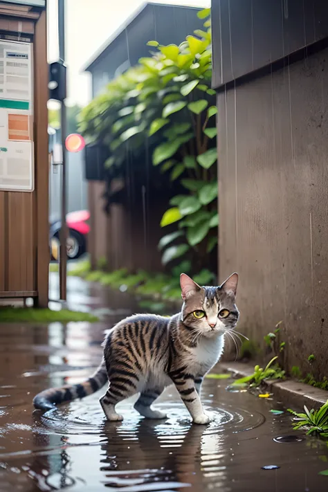 A stray cat，Superfood under the pole，raining day，water bloom，standing water