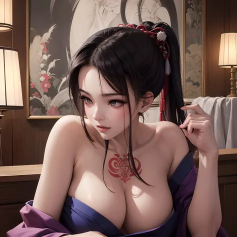 finest image, portrait, Japanese style painting, looking back, female, sexy, beautiful, cute, blue mysterious sharp slit eyes, white glossy braided bangs ponytail hair, red alluring moist lips, amorous expression, lewd expression, ecstasy, orgasm, Japanese...