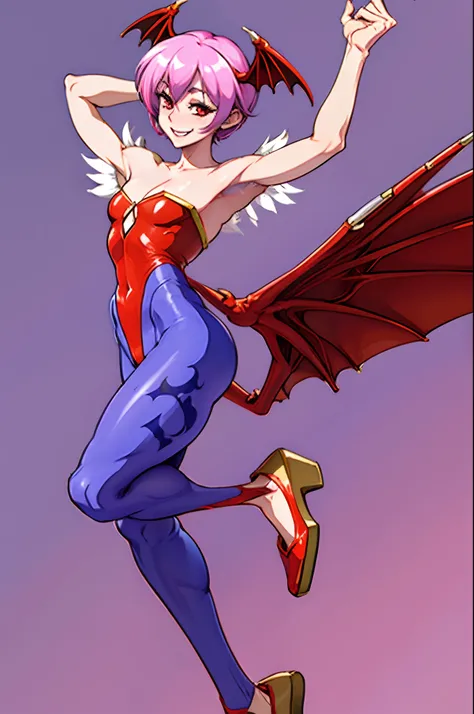 lilith aensland darkstalkers, standing, levitating, wings, pink hair, smiling, demon, leotard,, head wings, flatchest, full body, pantyhose, hornless,feet,